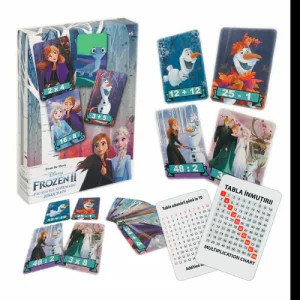 Joc educativ-Pacaliciul matematic Frozen cu 48 carti cu operatii matematice, o carte joker, tabla inmultirii, tabla adunarii si instructiuni de joc
